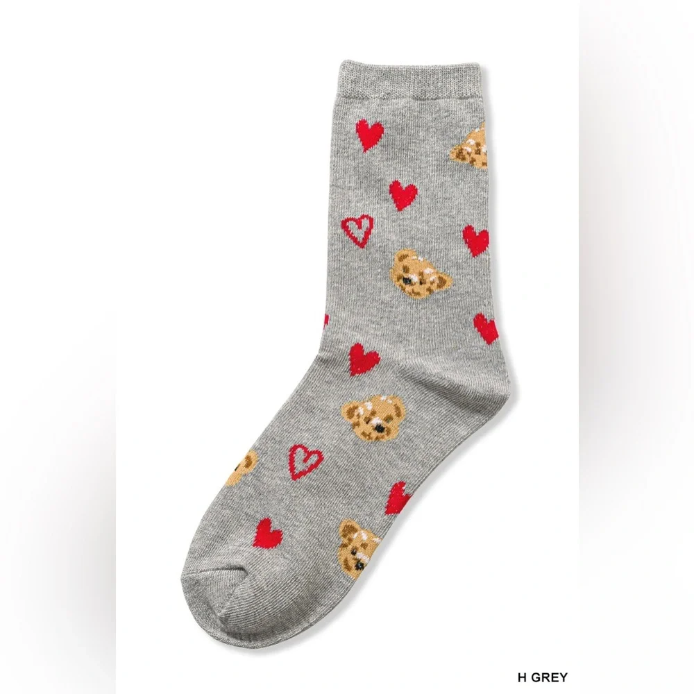 NWT Zenana Black & Grey Teddy Bear Heart Crew Socks Cozy Cute Gift One Size